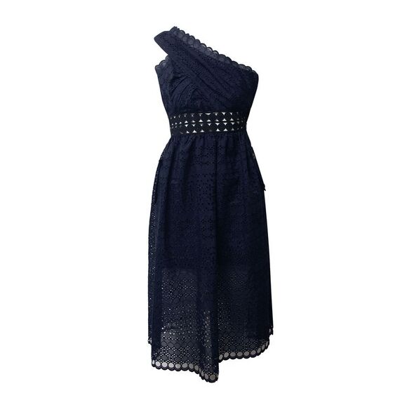 Self Portrait Asymmetrical Openwork Dress in Navy Blue Polyester